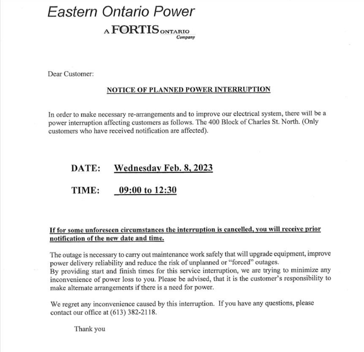 Notice of Planned Power outage